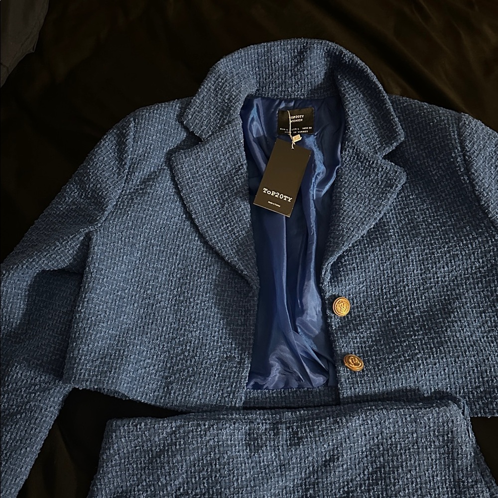 Top20ty Matching Blue Textured Blazer and Skirt Set with Gold Accents